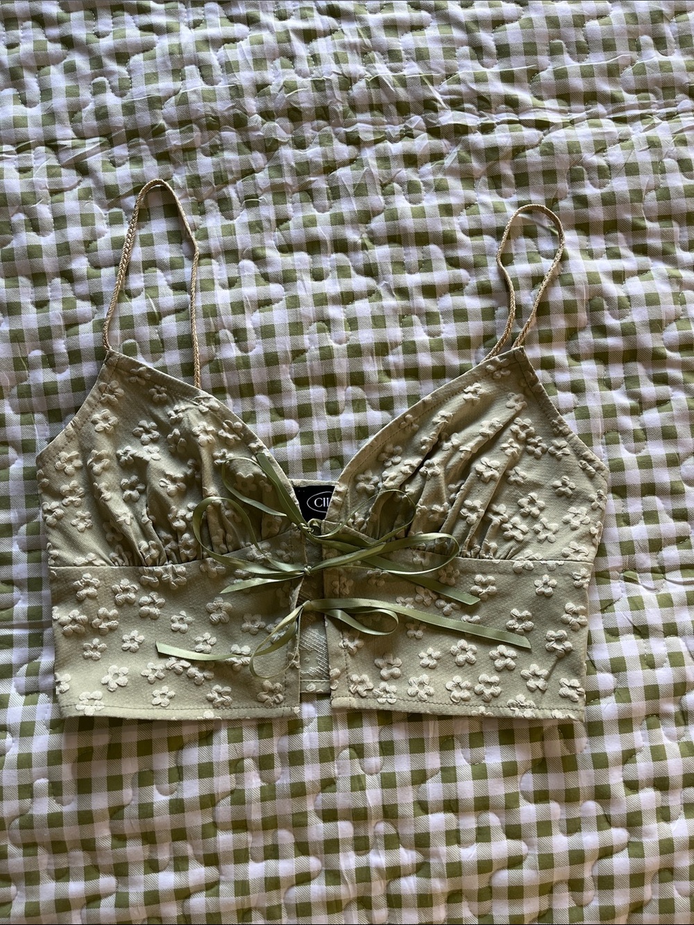 Light green tie flower crop top